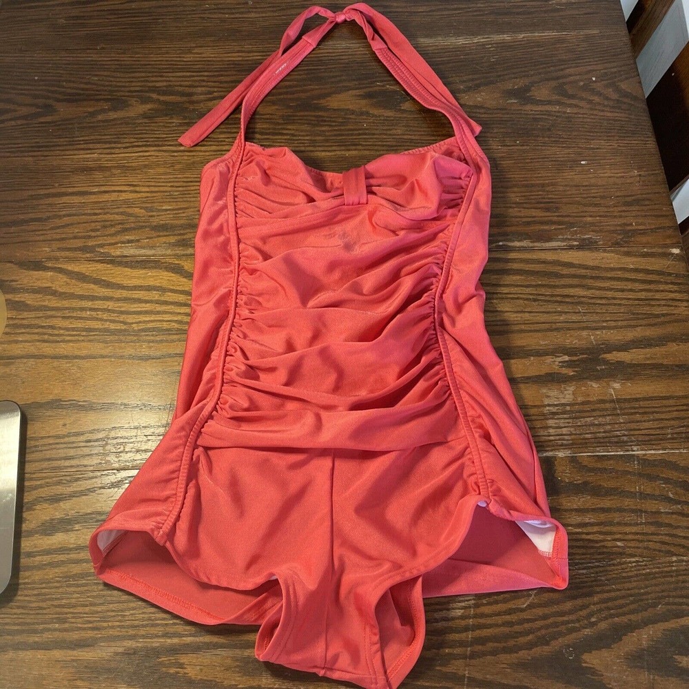 Women's Venus One Piece Halter Ruched Front Swimsuit SZ 14 Salmon Pink Clean